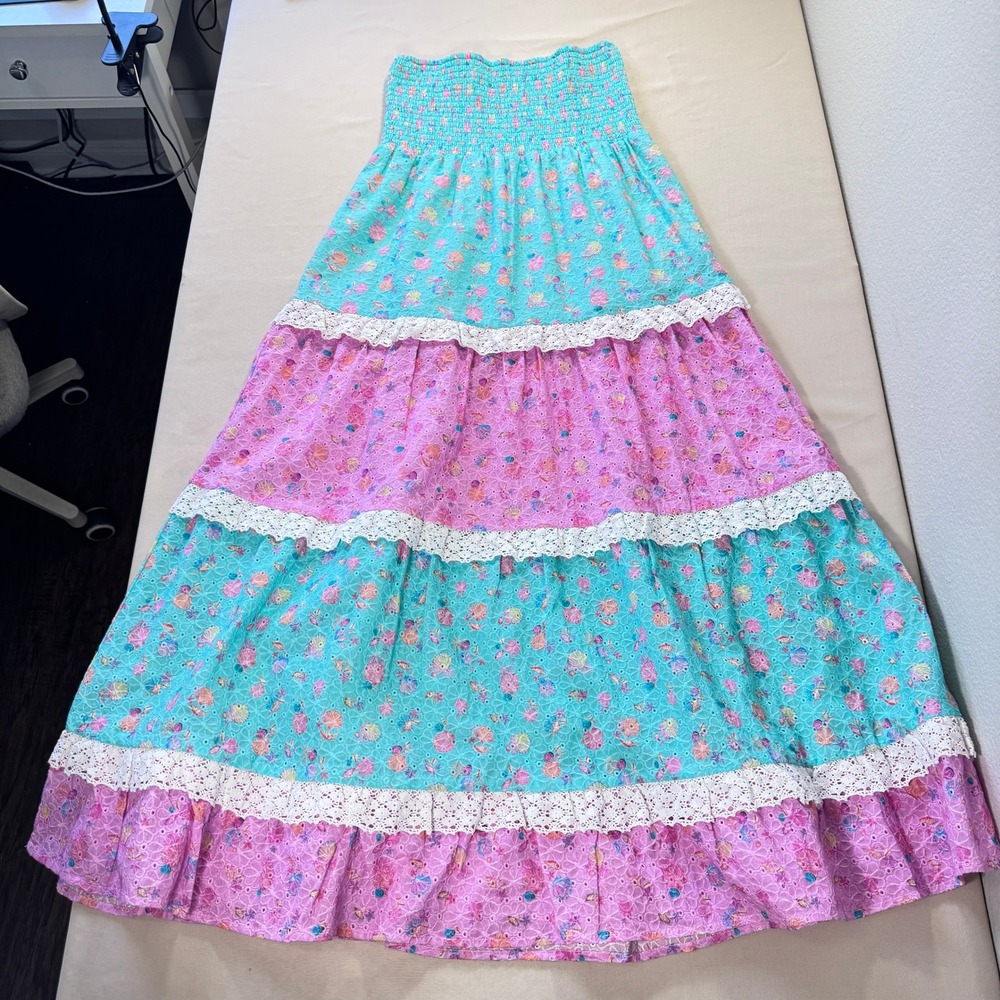 Beach Bunny Everette Maxi Skirt Teal Pink Seashell Eyelet Lace Smocked Boho NWT - Picture 13 of 13